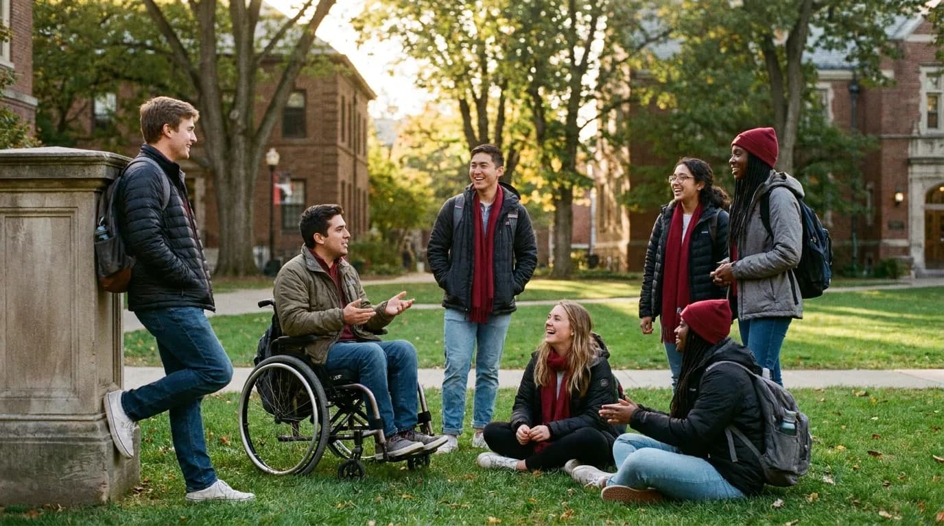 A diverse cohort of STEM students together on campus