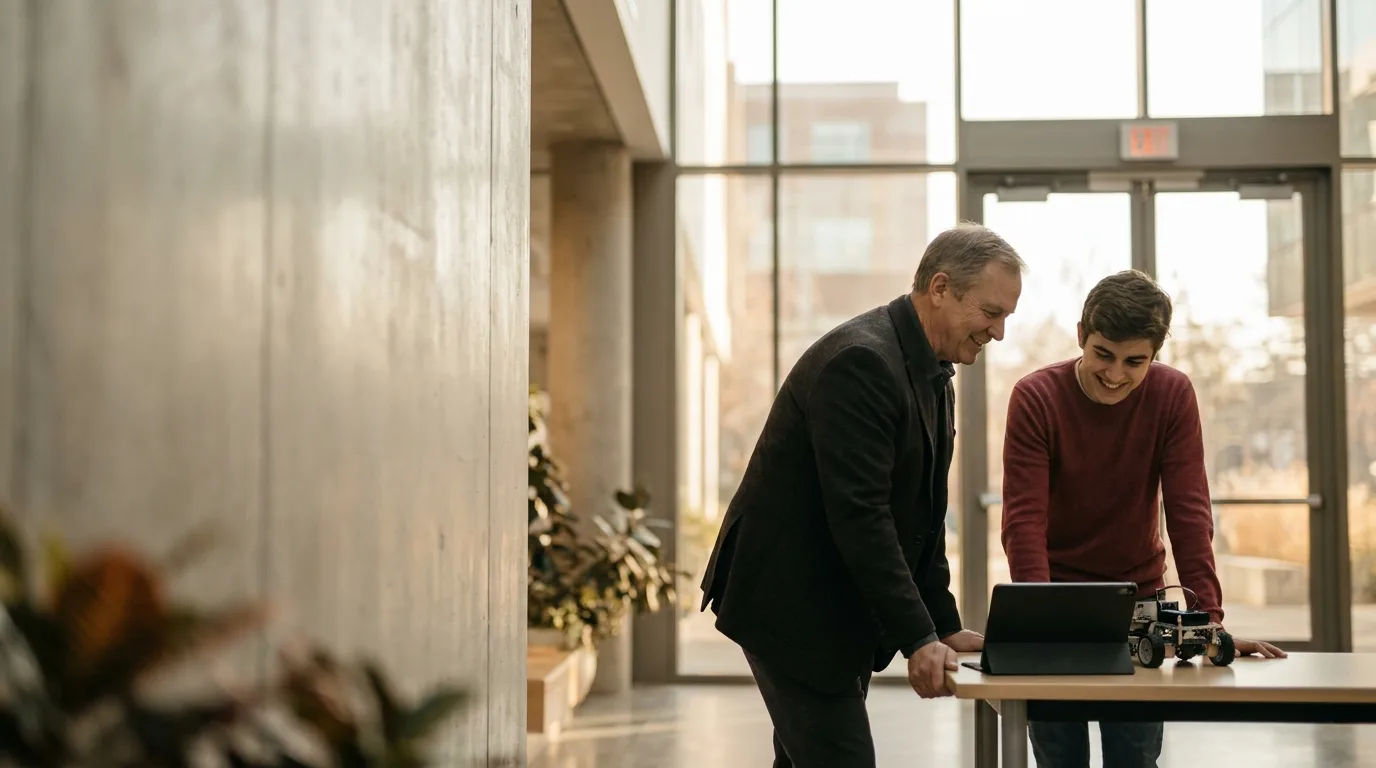 A mentor guiding a STEM student in a bright campus space